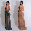 Women's Fashion Long Dress: Solid Color Mesh with Hot Drilling and Strappy Design