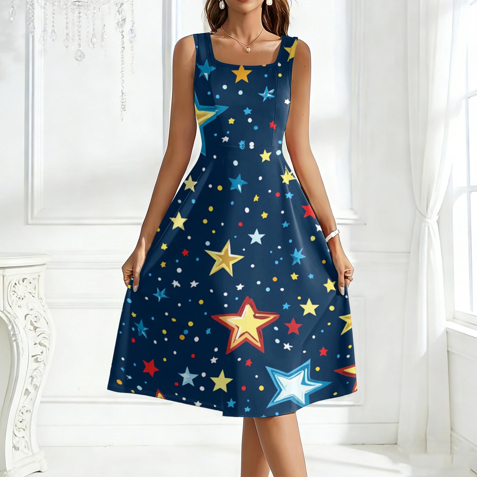 

Sleeveless A-Line Midi Dress with Star and Pattern Scoop Neck Printed Casual Summer Dress for Women XL жовтий