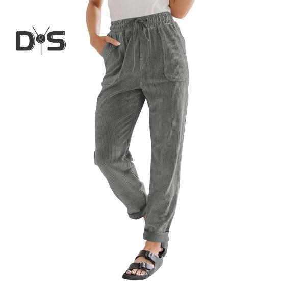 Women Corduroy Pants High Waist Baggy Drawstring Elastic Waist Casual Trousers Loose Fit Straight Leg Pockets Work Pants