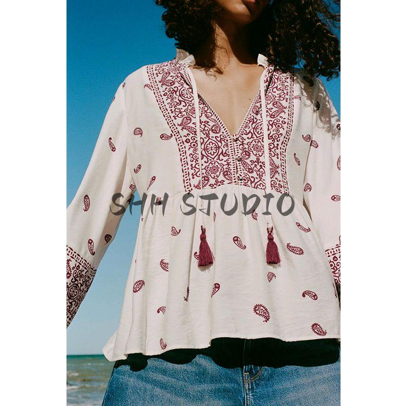 Spring and Summer New Women's Clothing French Style Laminated Decoration Su Sui Decoration Printed V-neck Long Sleeve Shirt Top 5029081