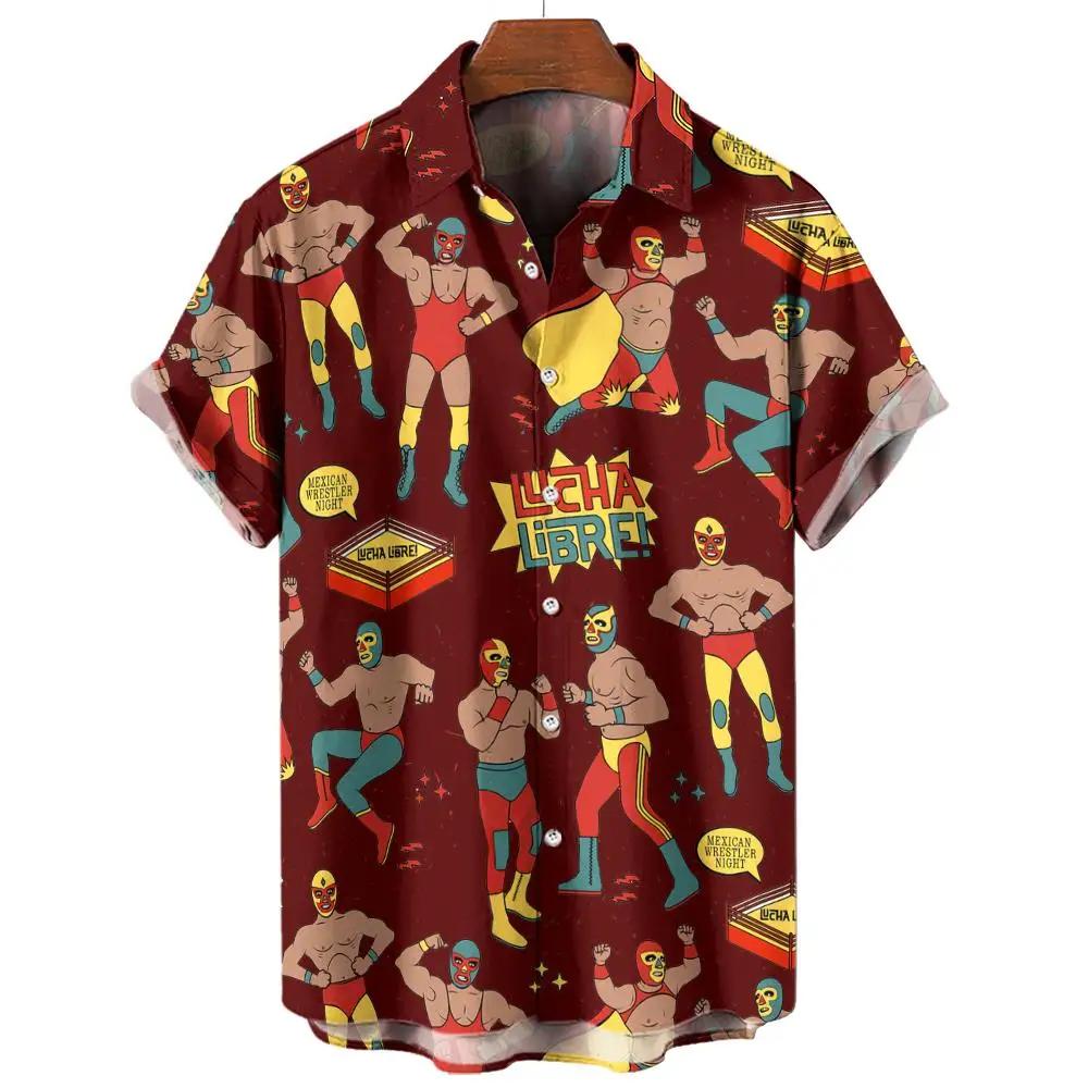 Camisa de Playa Casual de Moda Patrón 3D de Luchador Camiseta Retro Manga Corta Vacaciones al Aire Libre Camisa para Hombre y Mujer