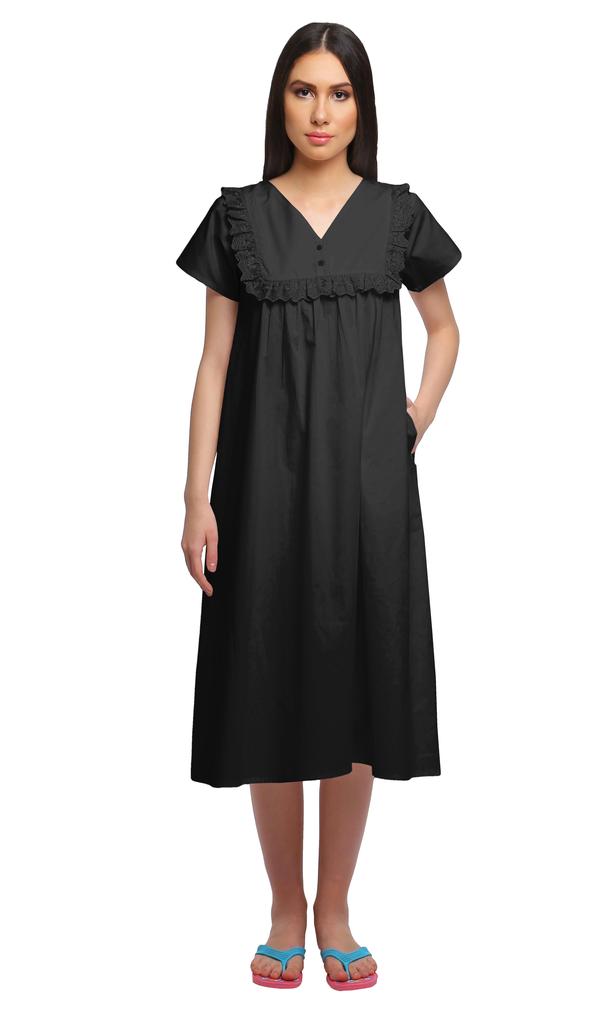 Moomaya Solid Short Sleeve Nightdress For Ladies Button Placket Nightwear