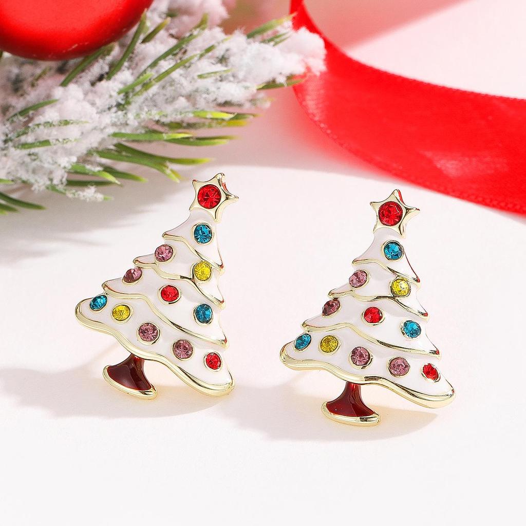 Festive Christmas Tree Stud Earrings with Colorful Enamel and Diamond Inlay