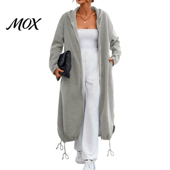 Women Outdoor Coats Long Hooded Jacket for Fall Winter, Loose Oversized Casual Autumn Zip-Up Outerwear Coat, Solid Color Tunic Hoodie Top with Pockets