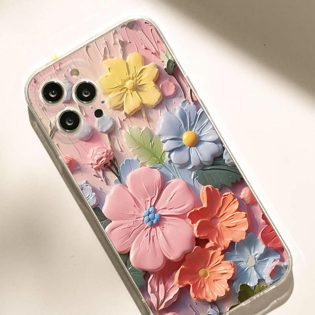 Průhledné pouzdro s potiskem květin a ochranou proti pádu pro iPhone 14-17 Pro Max