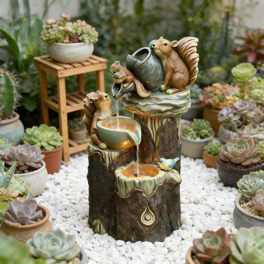 Duck /Squirrel Fountain Ornament Garden Duck Family Statue Outdoor Yard Miniature With Light Garden Decor For Patio Balcony Lawn