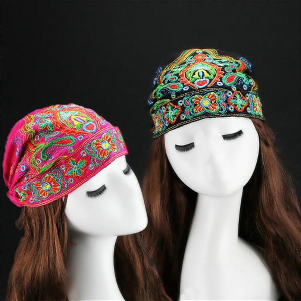 Lady Women Soft Cotton Ethnic Style Turban Hat Head Wrap Scarf Beanie Embroidered Flower Florals Print