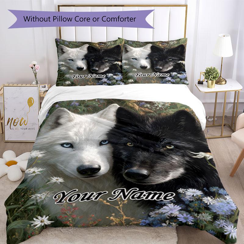 3PC Custom Name Wolf Pair Flowers Bedding Set Duvet Cover Closure Includes 1 Duvet Cover & 2 Pillowcases for Bedroom
