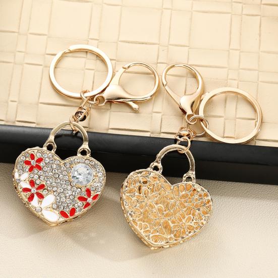 Keychain Pendant Heart Shape Charm Key Holder with Enamel Flower Design Lightweight Anti-Oxidation Durable Lobster Clasp Keyring