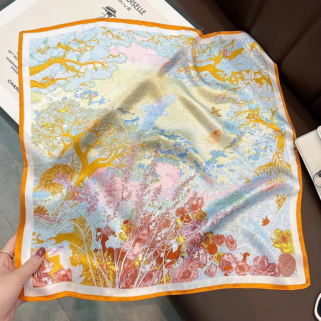 2026 Novo Lenço 100% Seda Pura Feminino Pescoço Cabelo Foulard Bandana Quadrado Pequeno Headband Hijab Estampado Poncho Lenços Pashmina