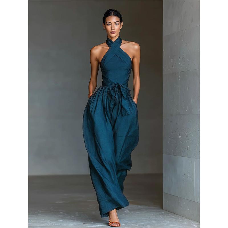 2026 summer European and American cross-border fashion new women s lace-up linen fabric cross suspender wide-leg jumpsuit S
