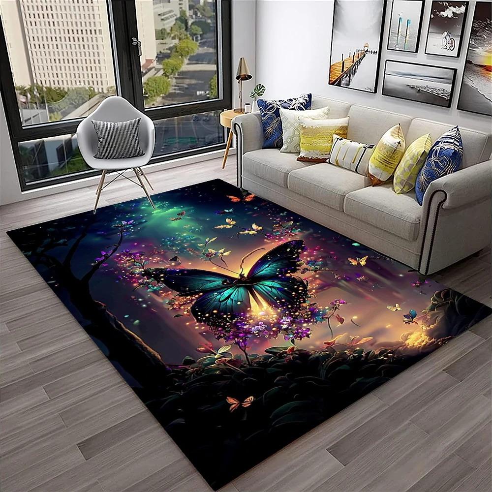 3D Luxury Dream Butterfly Flower Carpet Non-slip Floor Mat for Home Living Room Bedroom Sofa Washable Kid Play Area Decor Rug
