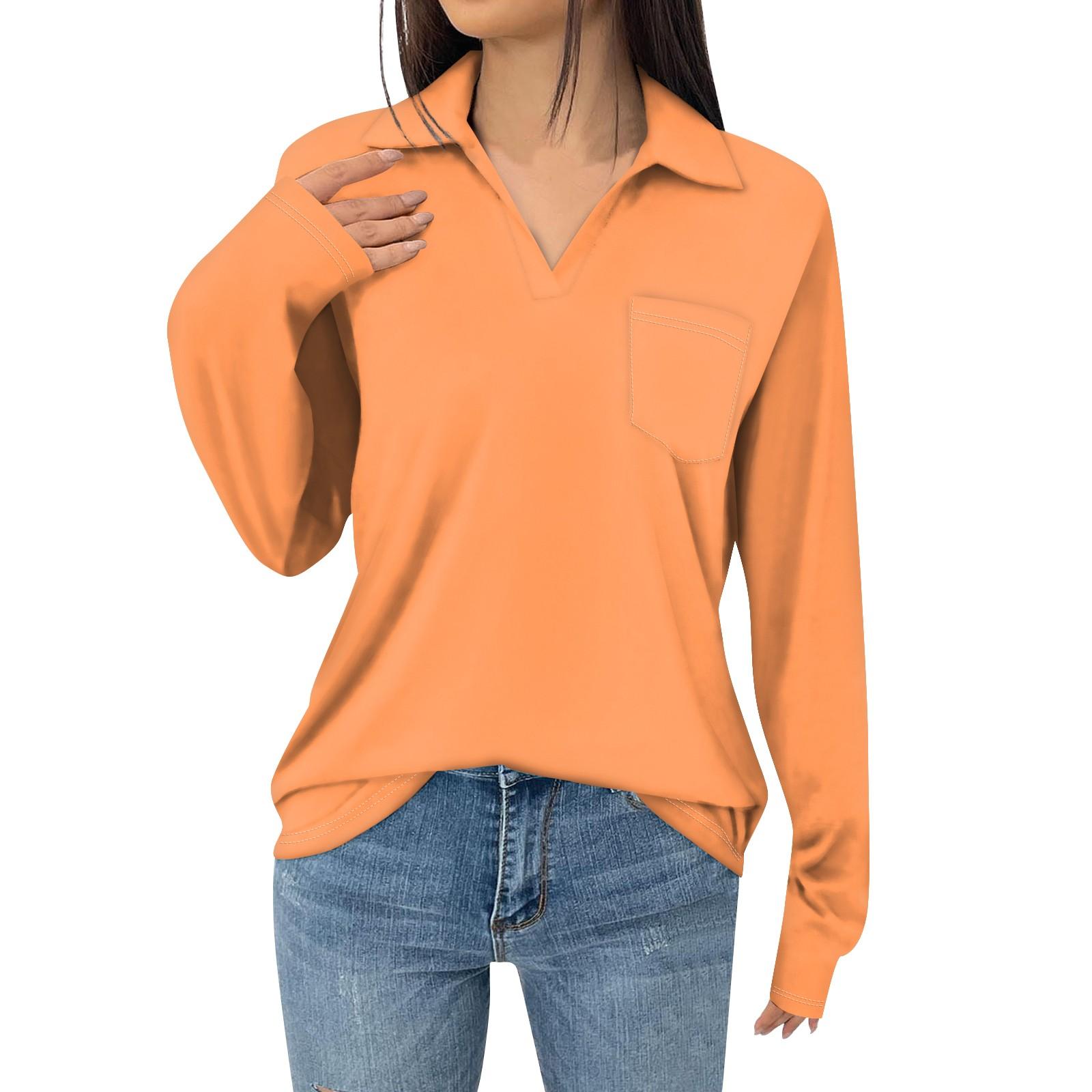 

Женская модная однотонная свободная футболка с лацканами и длинными рукавами и карманами XXL