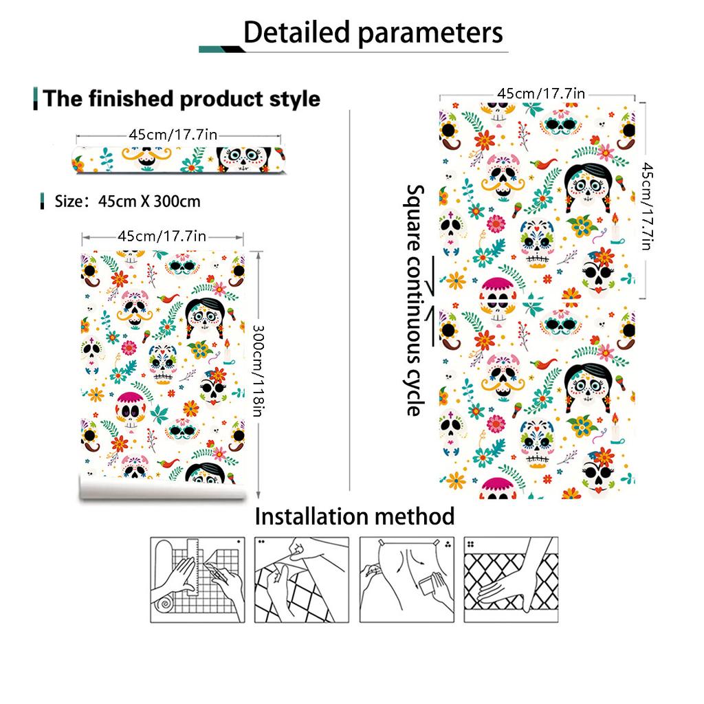 Peel and Stick Wallpaper Day of the Dead Contact Paper Waterproof Self Adhesive Wall Paper for Theme Hotel Walls Cabinet Decor