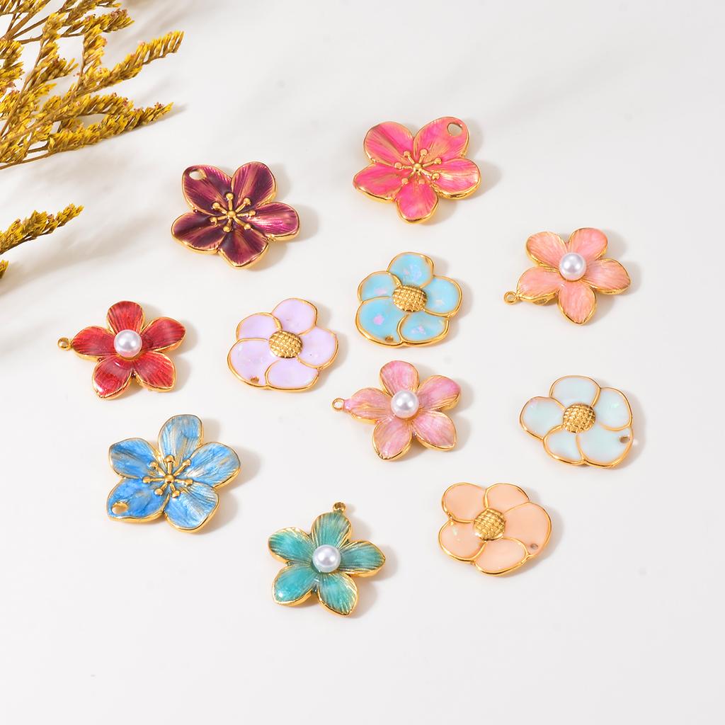 Wholesale 5pcs/lot Enamel Flower Charms Stainless Steel Colorful Pendant For DIY Necklaces Earrings Jewelry Making Accessories