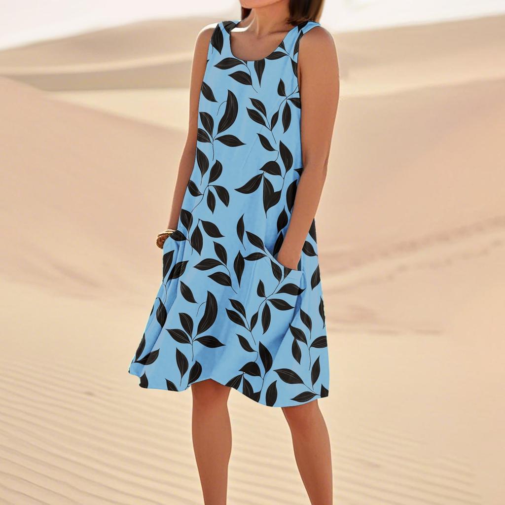 Women's Casual Summer Floral Print Sleeveless Pocket Dress