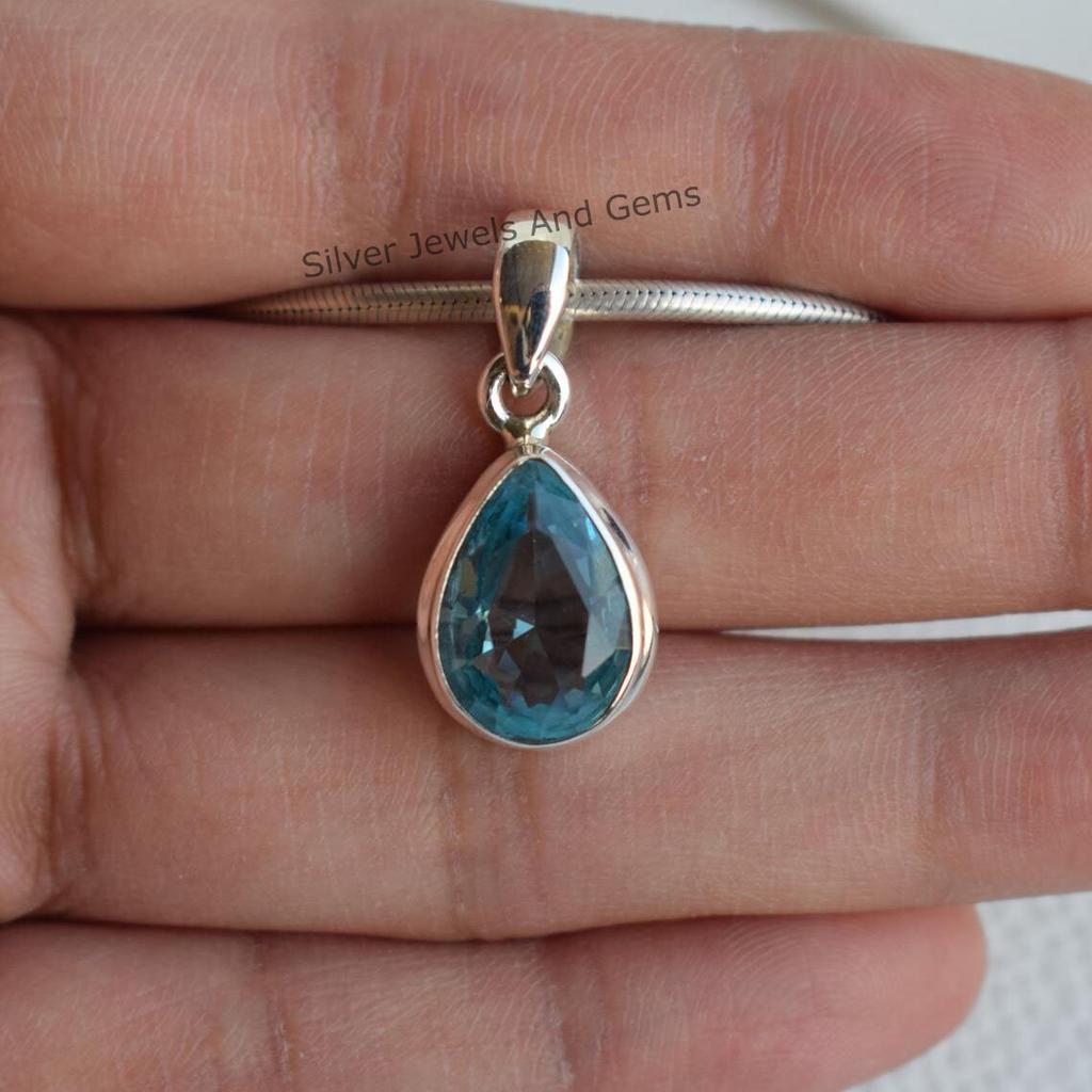 Handmade Teardrop Blue Topaz Pendant: 925 Sterling Silver