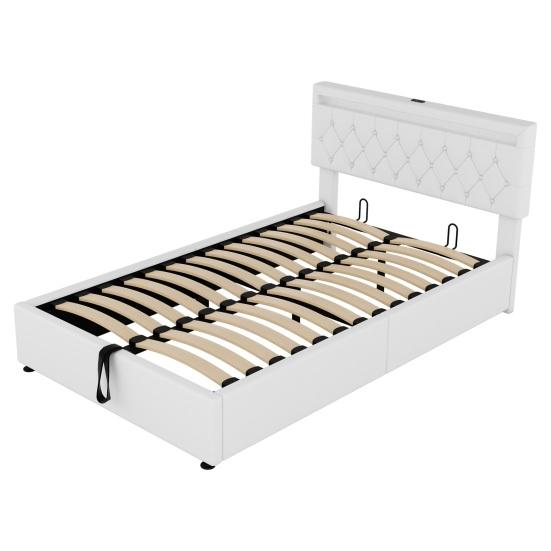 Sleeping Bed 140x200CM Platform with LED Ambient Light 24-Button Remote Control USB Type-C Charging Port Bedroom Double Modern White/Grey Large