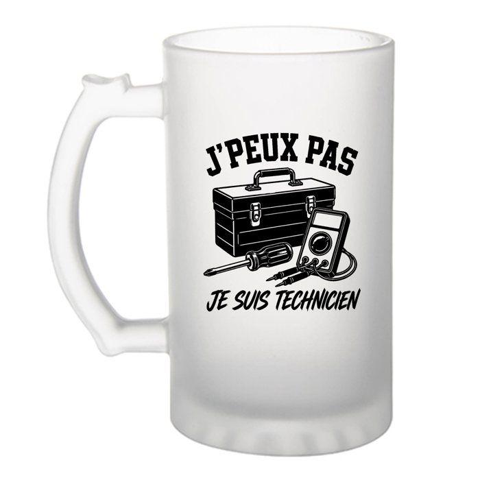 Verre à Bière J’peux pas je suis Technicien J'peux pas minimaliste | Chope Givrée en Verre Trempé 470 ml à Anse Recto Verso | Apéro