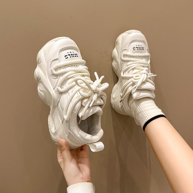 Black Women Chunky Leather Sneakers High Platform Ulzzang Sports Shoes New 2025 Spring Thick Bottom Women's Wedge Casual Shoes