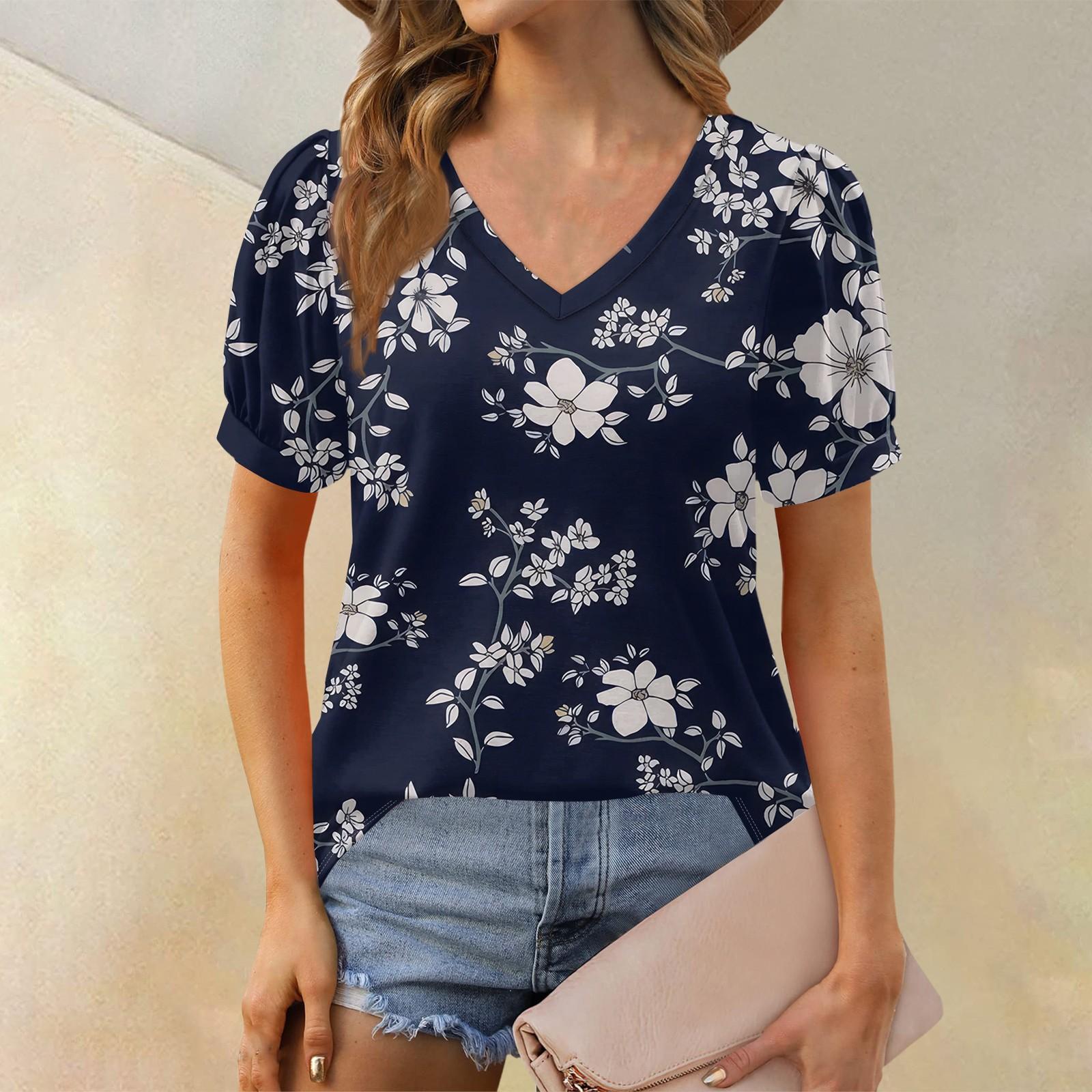 

Женские летние топы с коротким рукавом и V-образным вырезом, свободные повседневные футболки L чёрный