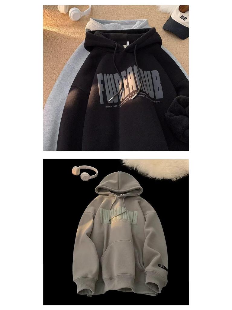 Unisex American-Style Heavyweight Hooded Sweatshirt - Men's Winter Loose Fit Casual Foam Print Top