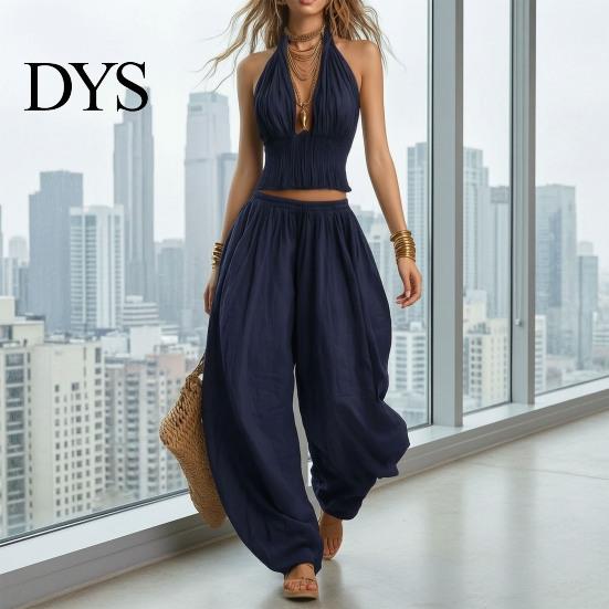 Loose Fit Women Clothing Women's Halter Sleeveless Summer 2 Piece Sets, Pleated Ruffle Backless Plus Size Casual Suit V Neck Top And Wide Leg