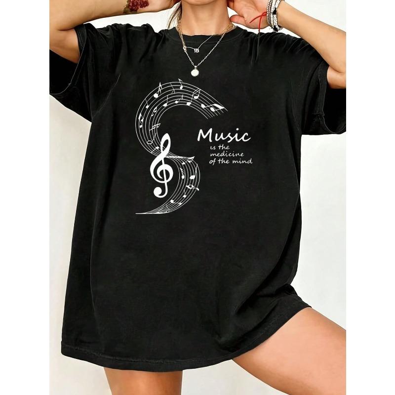 

Music Is The Medicine Of The Mind T Shirt Black Music Notes And Treble Clef Print Casual Wear For Women XXXXL чёрный