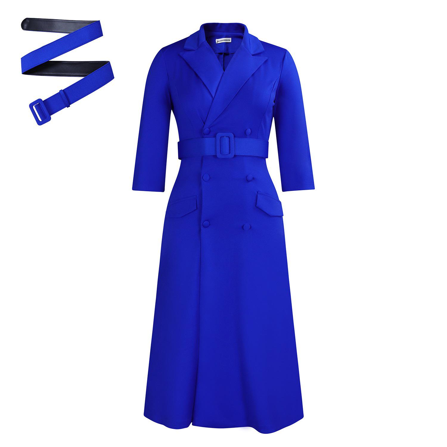 Women s Fashion Double-Breasted Suit Collar Mid-Length Solid Color Dress S