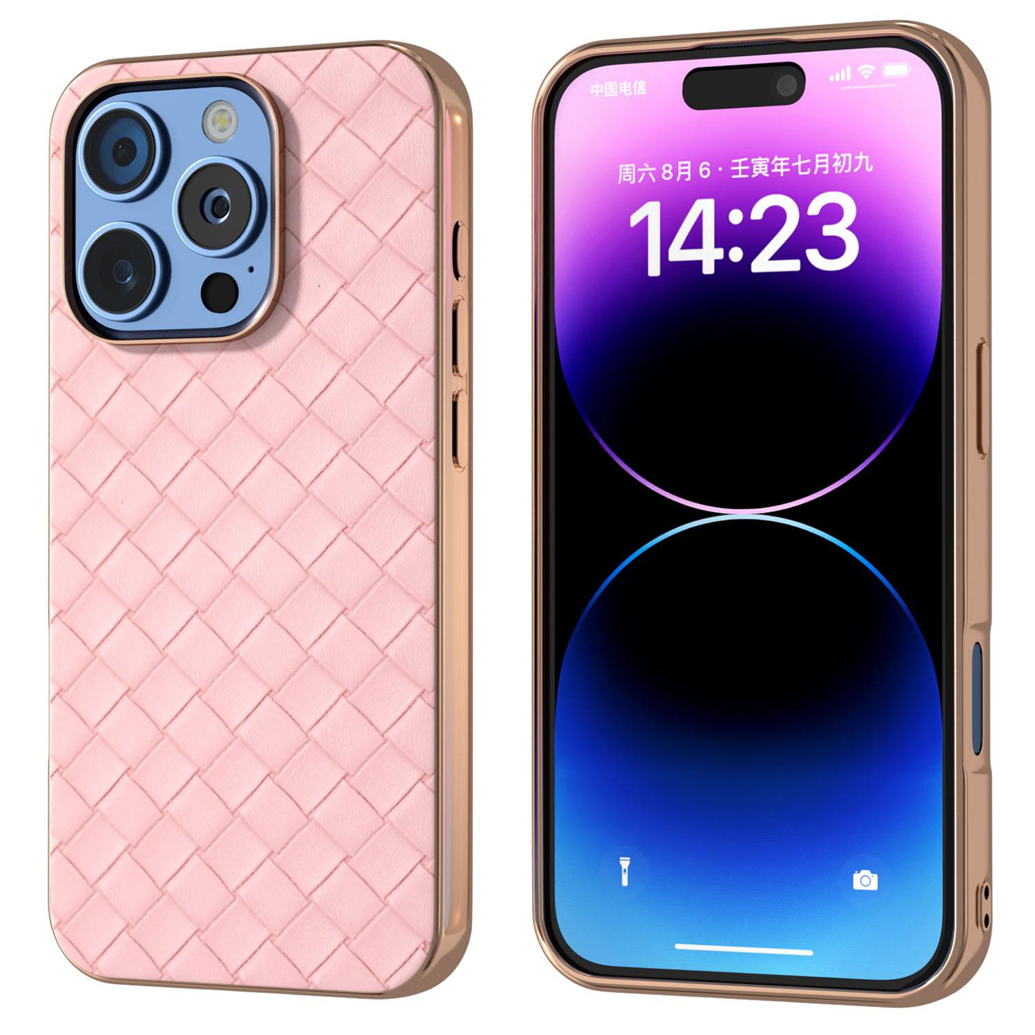 

For iPhone 16 Pro Case Woven Texture Electroplating Edge Leather Coated PC+TPU Phone Cover Pink