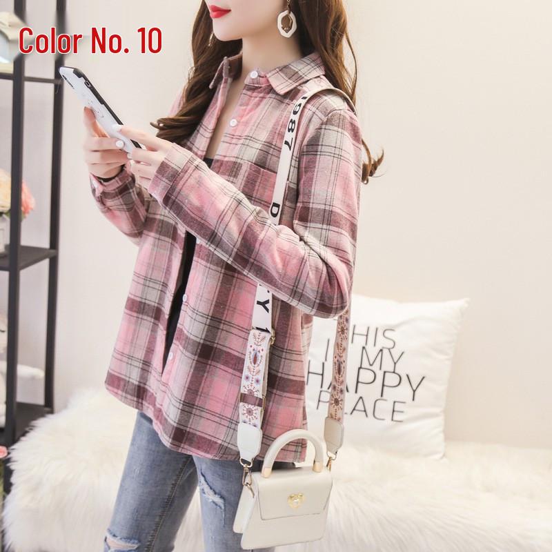 Women's Long Sleeve Plaid Shirt - Korean Style Loose Cotton, Mid-Length, Brushed Retro Jacket, Plus Size for Spring and Autumn.