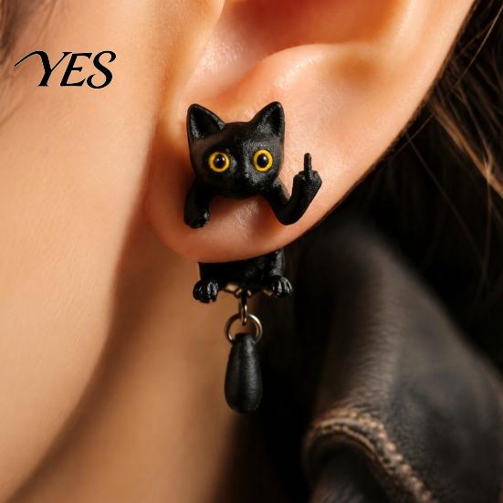 Fun Quirky Daily Wear Accessories 1 Pair Black Cat Middle Finger Earrings for Women, 3D Printed Cute Creative Alloy Ear Ornaments Earrings,