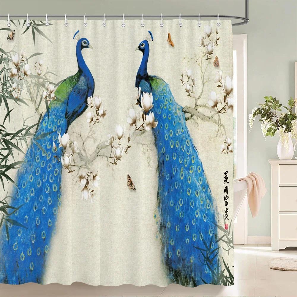 Tenda Doccia Motivo Fiori e Uccelli 3D Paravento Bagno Tessuto Impermeabile Decorazione Bagno 240X180cm Con Ganci Tende Doccia