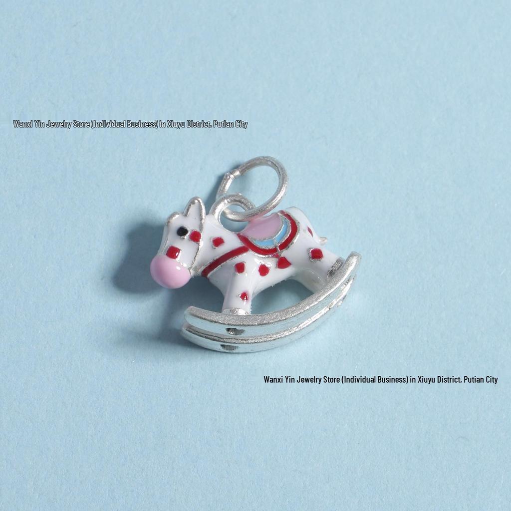 Sterling Silver Enamel Rocking Horse Pendant with Wooden Beads and Handmade Woven Rope Bracelet.