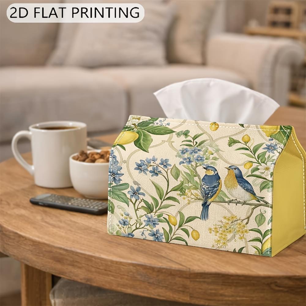 2D Flat,1pc Lemon Bird Floral Pattern Tissue Box with Modern Design Decorative Storage Solution for Home Office Desk Vanity Ideal Decor Accessory Adds