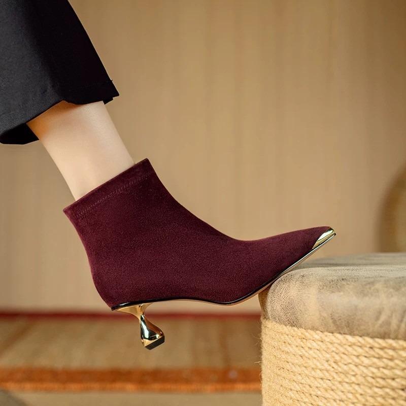 NEW Shoes Metal pointed tip Women Boots Stilettos Heels 5 CM 8 CM Fashionable high-heeled boots suede Ladies ankle boots