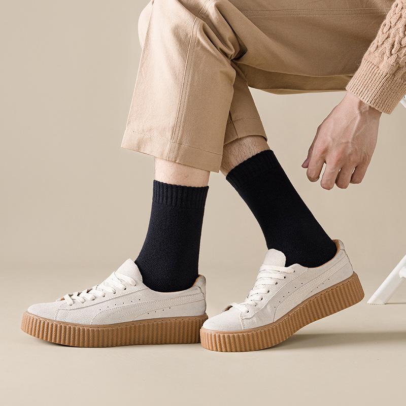 Men's Terry Socks - Warm, Thick, Mid-Tube, Solid Color, Loose Fit, for Autumn & Winter.