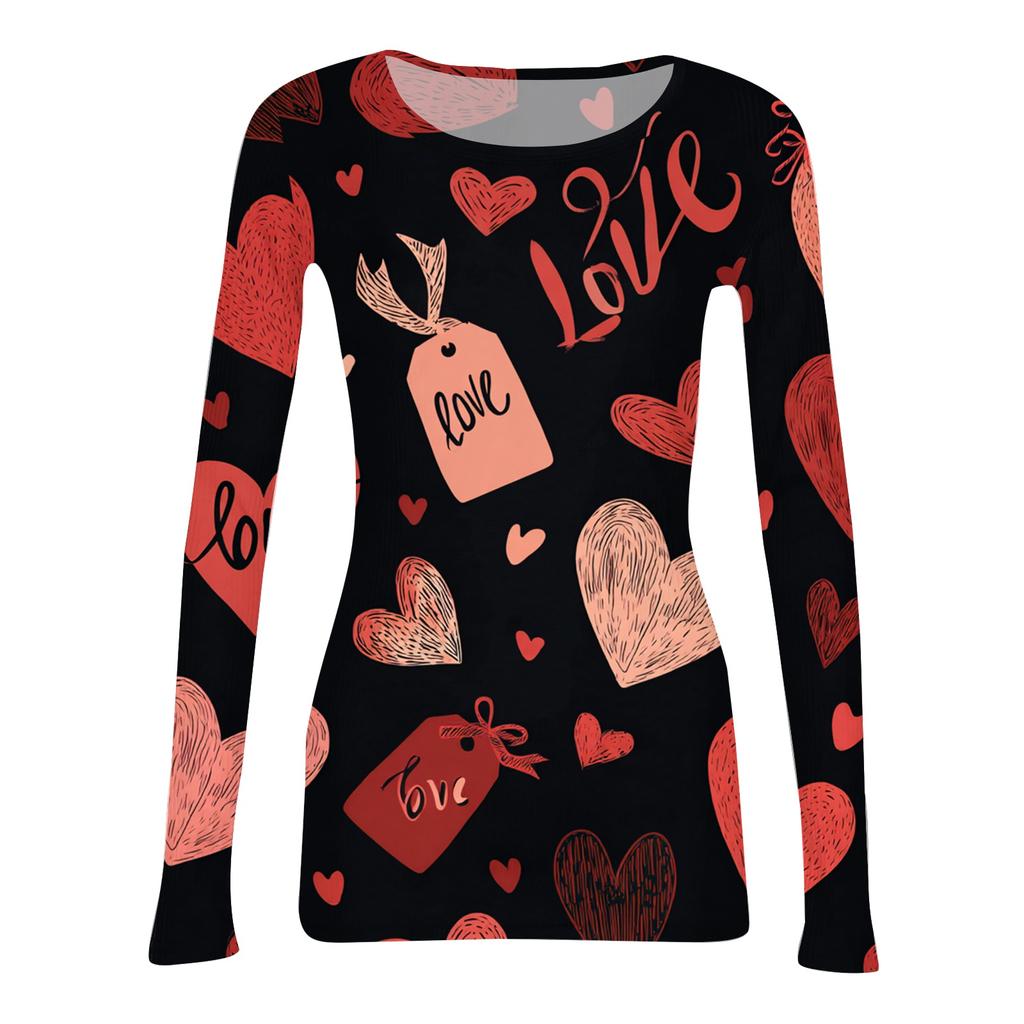 Haut côtelé décontracté et tendance pour femme, à col rond et manches longues, avec imprimé Saint-Valentin.