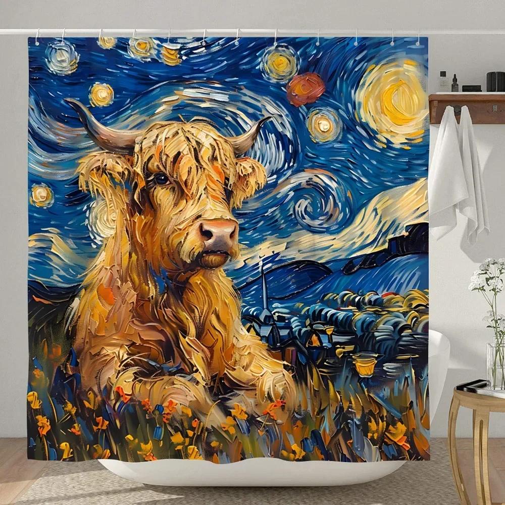 Lustiger Highland-Kuh Duschvorhang Rustikaler Landhausstil Kuh Cartoon Tier Kinder Badevorhang Polyesterstoff Heim Badezimmer Dekor