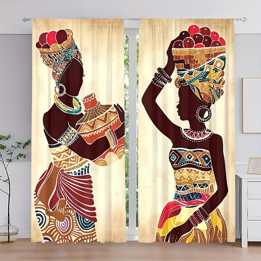 2 Pieces Ancient Ethnic African Woman Window Curtains Living Room Bedroom Kitchen Curtain Drapes Abstract Art Window Treatment