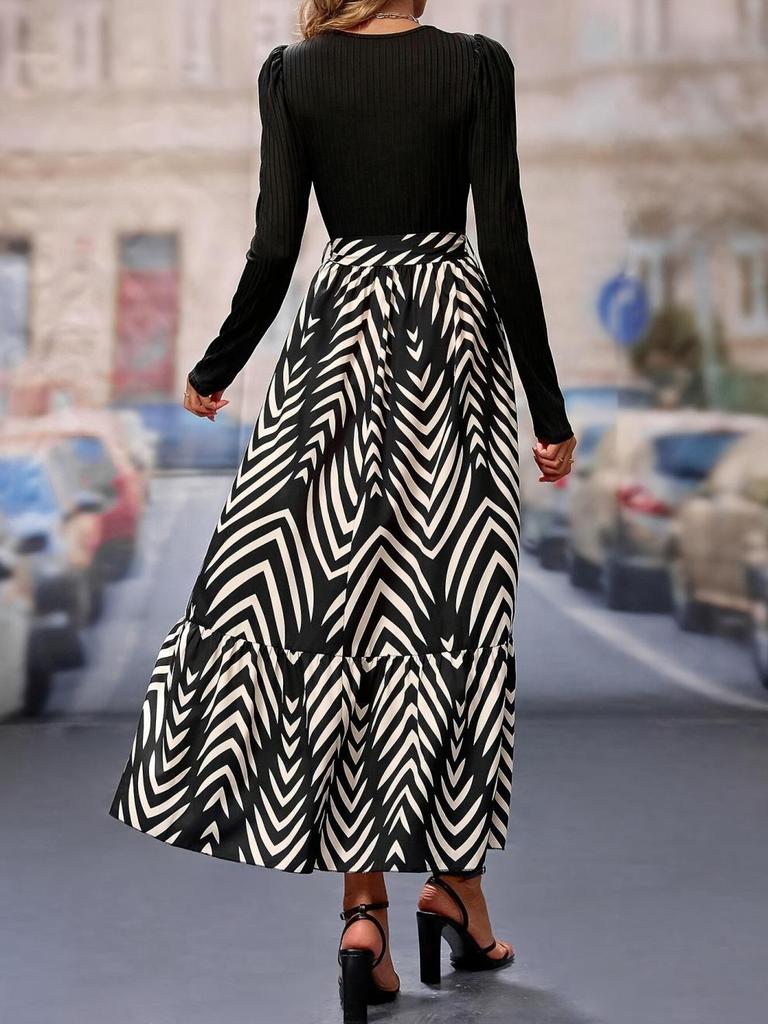 2024 A-Linien Taillenbetonendes Patchwork Langarm Elegantes Kleid für Frühling und Herbst