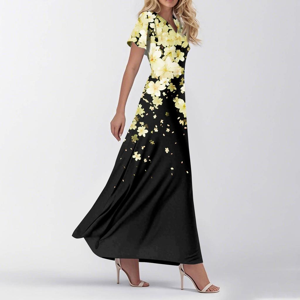 Women's Loose Casual V-Neck Short Sleeved High Waisted Print Dress