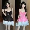 Summer New Sexy Celebrity Halter Bow Splicing Suspender Solid Color Ruffle Leaf Base Dress Women