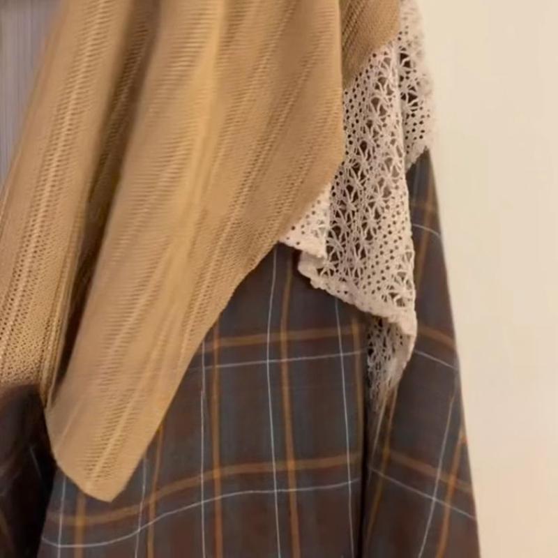 Fustă Midi Asimetrică Carouri de Toamnă Iarnă Stil Coreean pentru Femei, Fustă Lungă cu Tiv Patchwork Retro