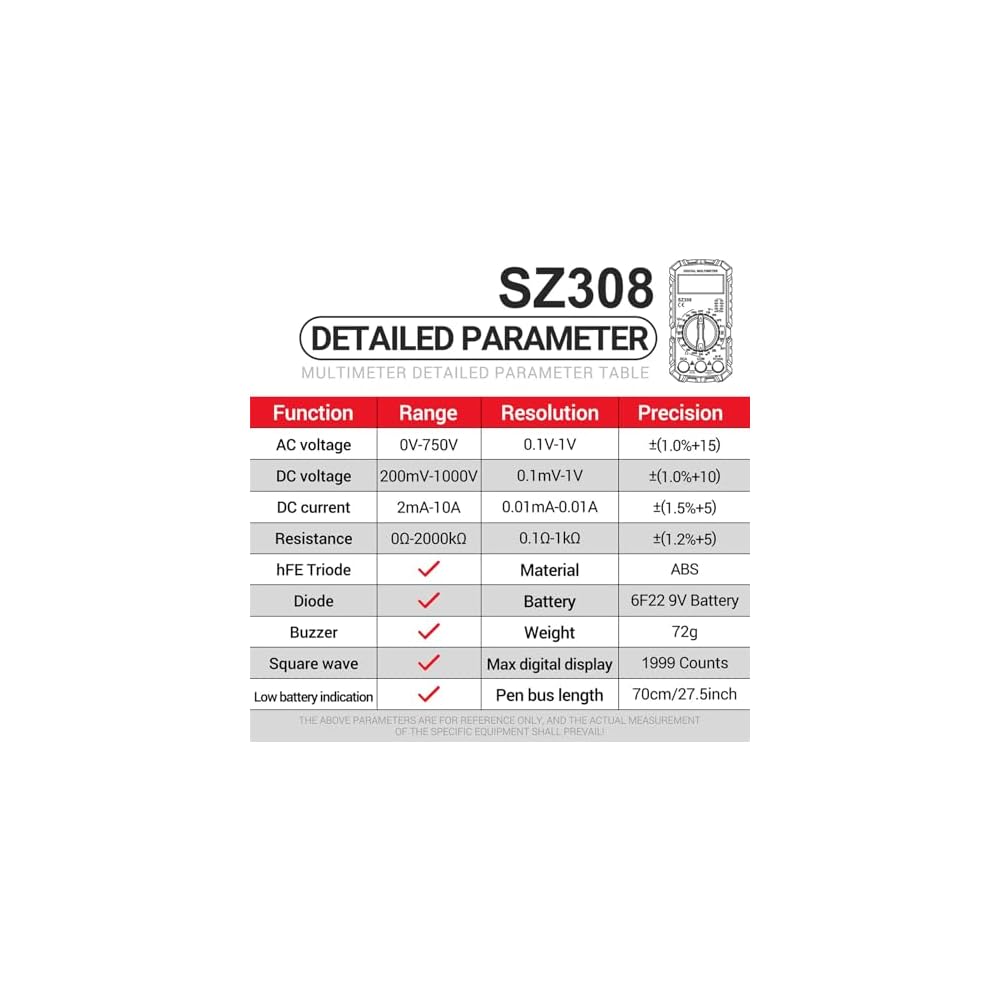 SZ308 Digital Multimeter 2000 Counts with Voltage, Current, Resistance Measurement and Backlit LCD Display