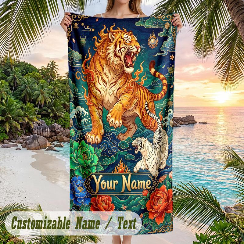 Tiger Spirit Clouds Theme Quick Dry Beach Towel Custom Name Text Print Large Sand Resistant Towel Beach Vacation