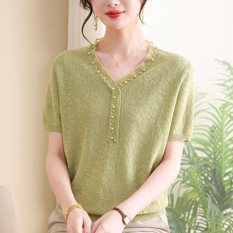 Loose Ice Silk Knitted T-shirt for Women Summer Design Stylish New Thin Style Short Sleeve Top