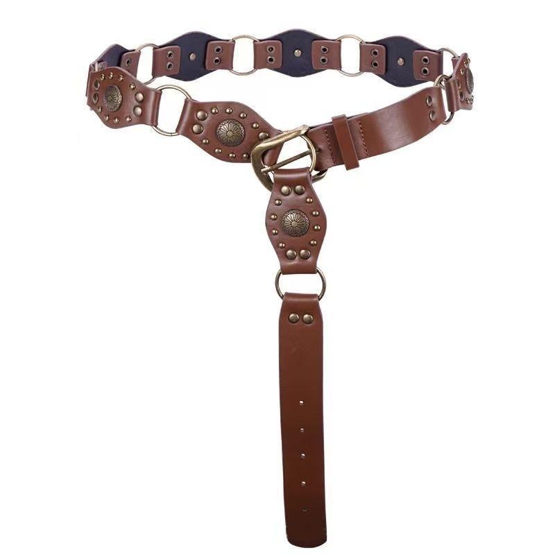 

Western Cowboy Rivet Patchwork Leather Belt Retro Design for Women 102cm коричневый