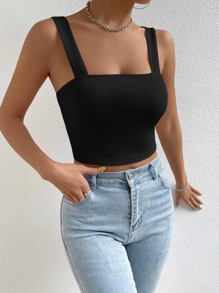 Strick Tanktop mit quadratischem Ausschnitt Crop Tops Damen Sommer Camisole Einfarbig Camisole Mode Sporttube Ärmellos Kurz Y2K Mädchen Kleidung