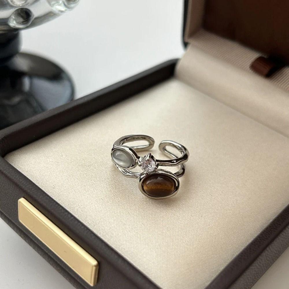 Open Ring Zircon Double Layer Ring Brown Stone Geometric Resizable Ring  Aesthetic Accessories